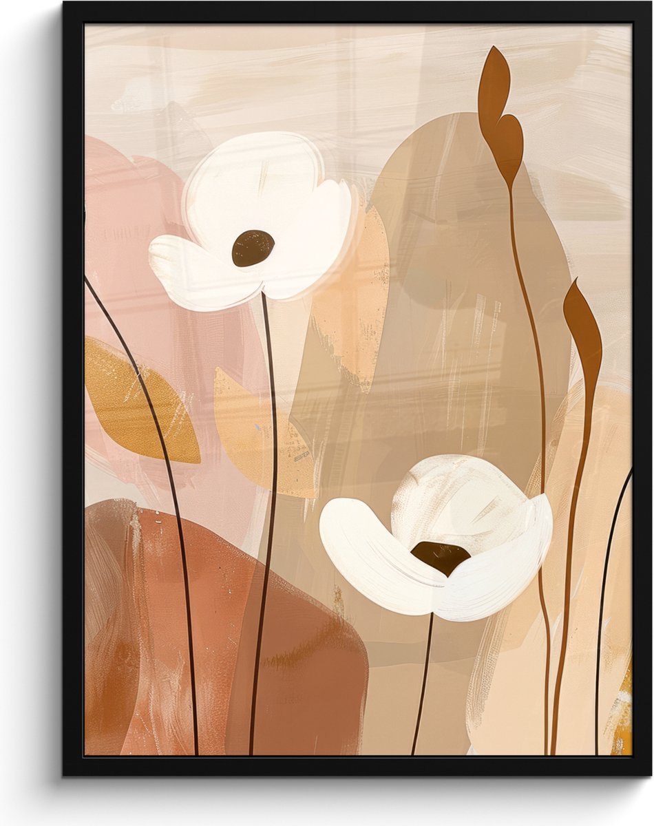 FrameYourWall Poster in lijst - Fotolijst 60x80 cm - Posters - Bloemen - Abstract - Beige - Line art - Posterlijst zwart - Decoratie - Wanddecoratie woonkamer - Muurdecoratie slaapkamer