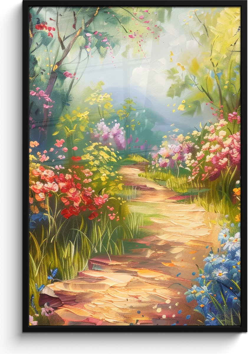 FrameYourWall Poster in lijst - Fotolijst 80x120 cm - Posters - Natuur - Landschap - Bloemen - Kleurrijk - Posterlijst zwart - Decoratie - Wanddecoratie woonkamer - Muurdecoratie slaapkamer Bloemen landschap