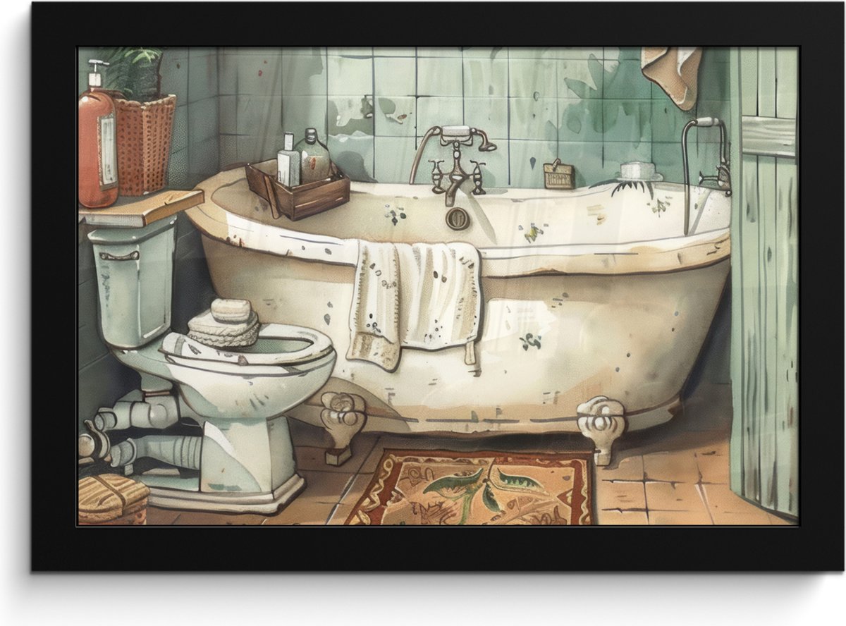 Poster in lijst - Fotolijst 30x20 cm - Posters - Vintage - Badkuip - Badkamer - Illustrati