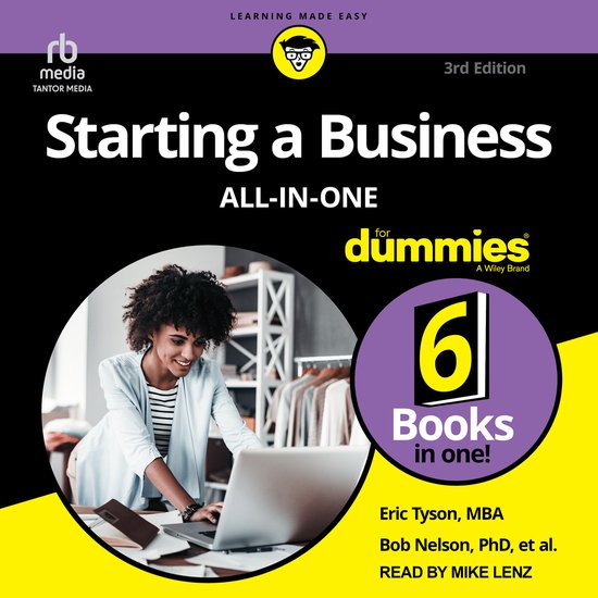 Boek 'Starting a Business All-in-One for Dummies' 3e editie, met een vrouw op laptop bij kledingrek.