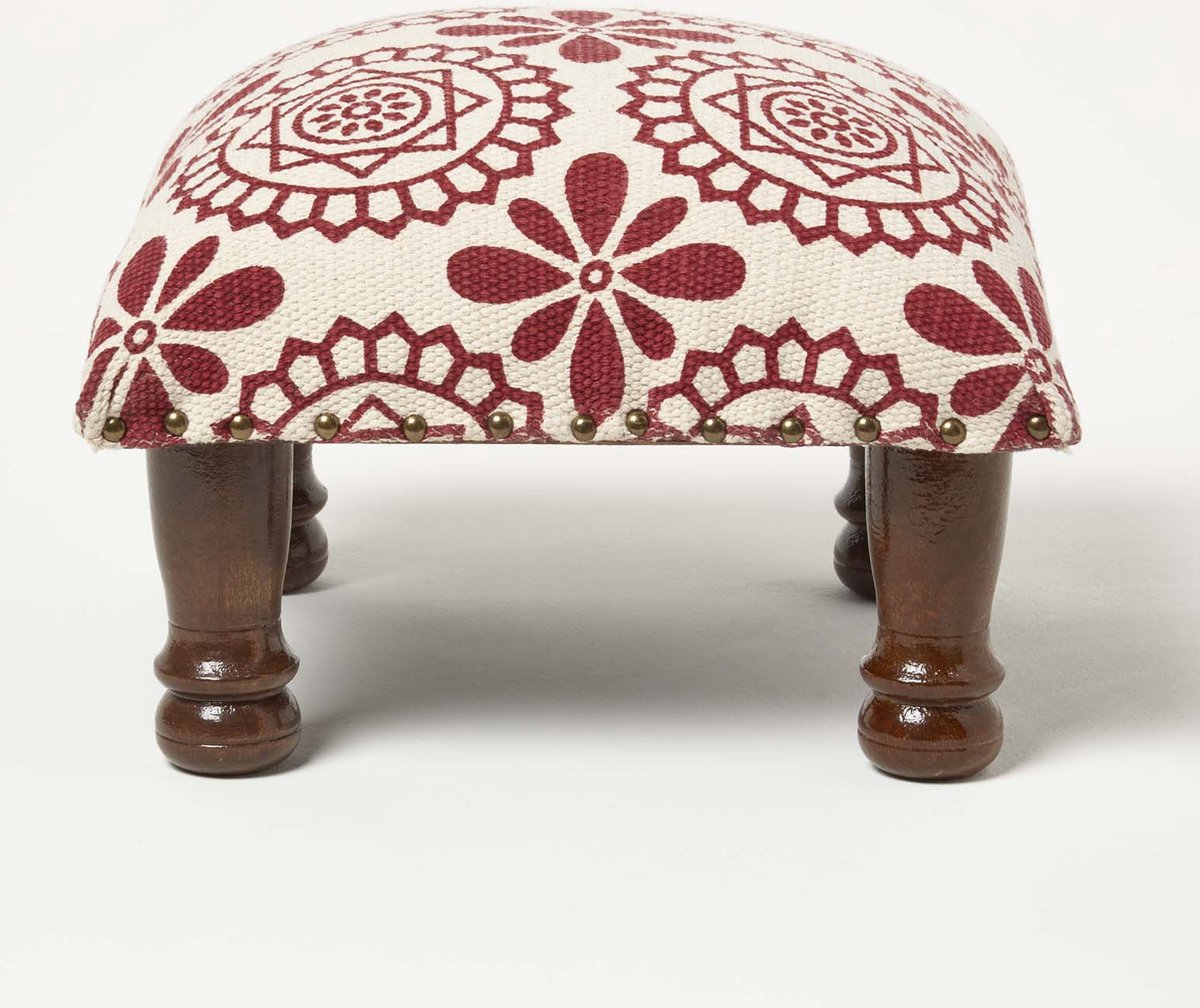Homescapes Cassia poef rood en wit met houten poten, 40 x 40 x 25 cm