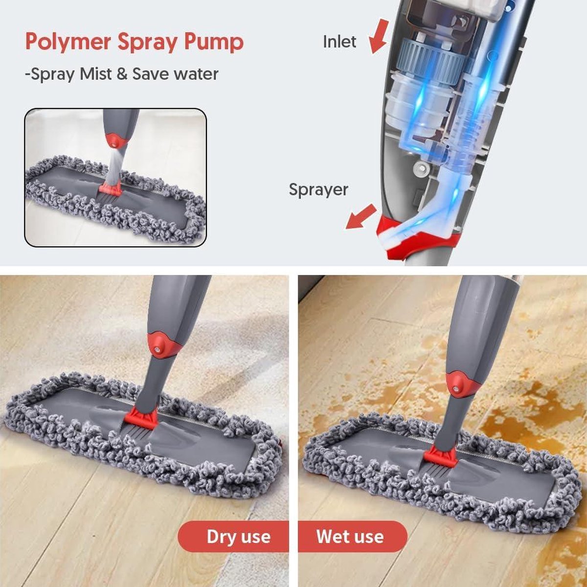 Spray Mop voor het reinigen van vloeren, HOMTOYOU Microfiber Floor Mop