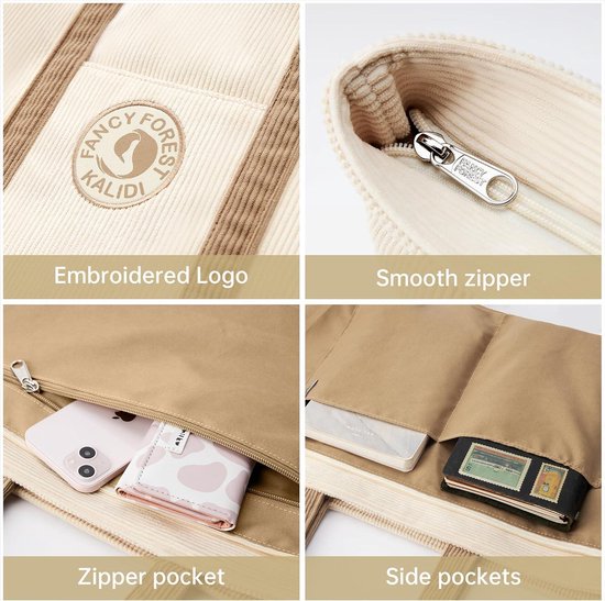 Grand sac fourre-tout en velours côtelé pour femme – Couleur contrastée – Sacs à bandoulière Hobos – Compartiments – Sacs pour femme – Sac à main – École Travail Université – Sac fourre-tout de voyage avec fermeture éclair