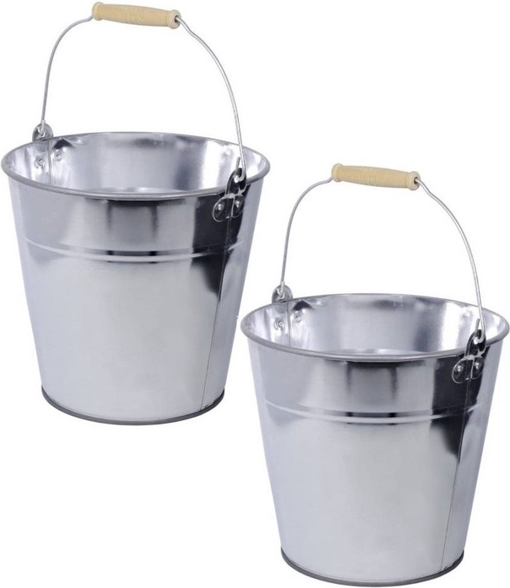 Goedkoopste Concorde Zinken emmer/plantenpot - Set van 2x stuks - zilver - 8 liter - met houten handvat