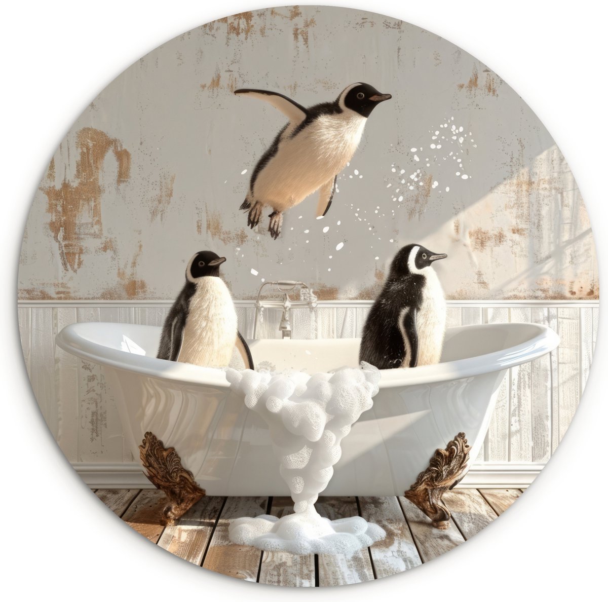 WallCircle Wandcirkel 60x60 cm - Muurcirkel Vintage - Pinguïn - Badkuip - Schuim - Vogels - Dieren - Badkamer - Muurdecoratie cirkel woonkamer - Wanddecoratie slaapkamer - Kamer decoratie accessoires - Ronde schilderijen binnen Pinguïns - Badkuip