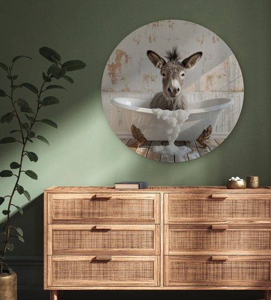 WallCircle® Wandcirkel 90x90 cm - Muurcirkel Ezel - Dieren - Badkuip - Schuim - Humor - Badkamer - Muurdecoratie woonkamer - Wanddecoratie slaapkamer - Kamer decoratie accessoires - Ronde schilderijen - Woonaccessoires binnen cirkel