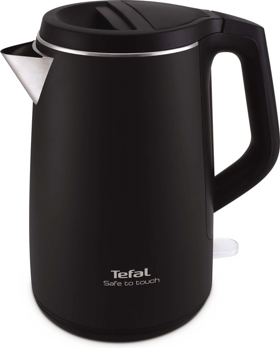 Zwarte Tefal waterkoker met logo 'Tefal Safe to Touch' en roestvrijstalen tuit.