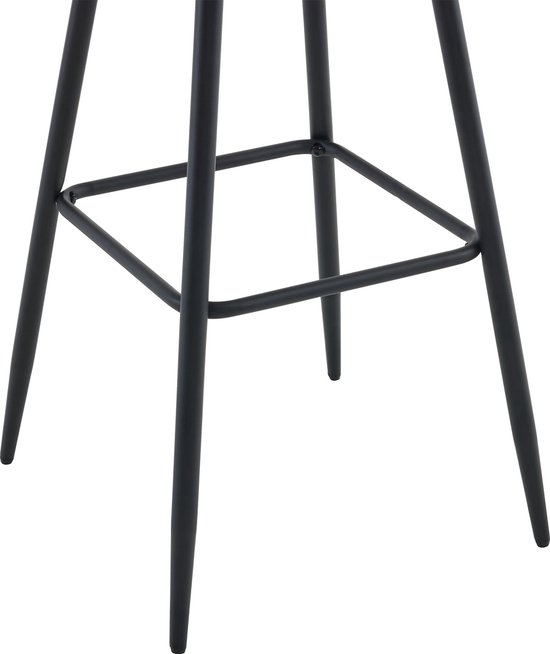 Drie matzwarte metalen poten van een barkruk, verbonden door een vierkant metalen frame.