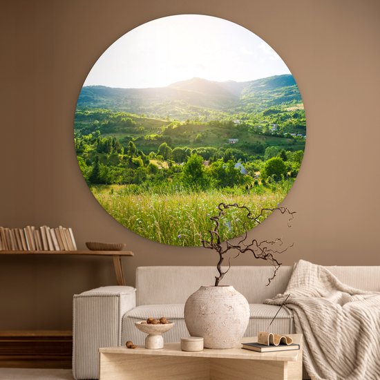 Cercle mural - Paysage - Herbe - Nature - Arbres - Décoration murale ronde - Cercle mural - Cercle mural nature - Tableau rond - 140x140 cm - Plastique - Tableaux ronds