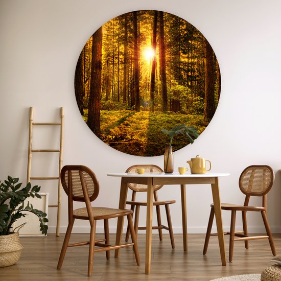 WallCircle - Cercle mural - Cercle mural - Soleil - Forêt - Vert - Nature - Tableau rond - Cercle mural intérieur - 140x140 cm - Décoration murale - Plastique - Décoration murale ronde