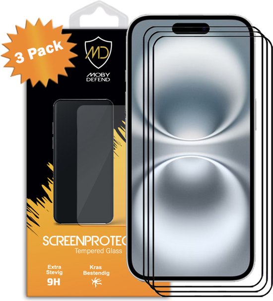 Pack de 3 Protecteurs d'écran iPhone 16 - Économiseurs d'écran MobyDefend avec Rebords noirs - Glas trempé - Plaques de verre Adapté pour : iPhone 16