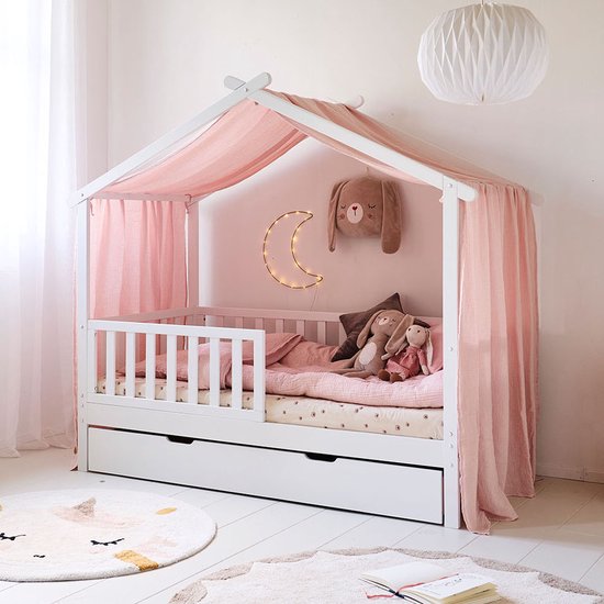 Foto: Gordijn kinderen maison roze 80x160 cm 100 biologisch mousseline katoen speciaal voor het maison bedhuisje 80x160 cm met linten voor stevige bevestiging voor een dromerige knusse sfeer