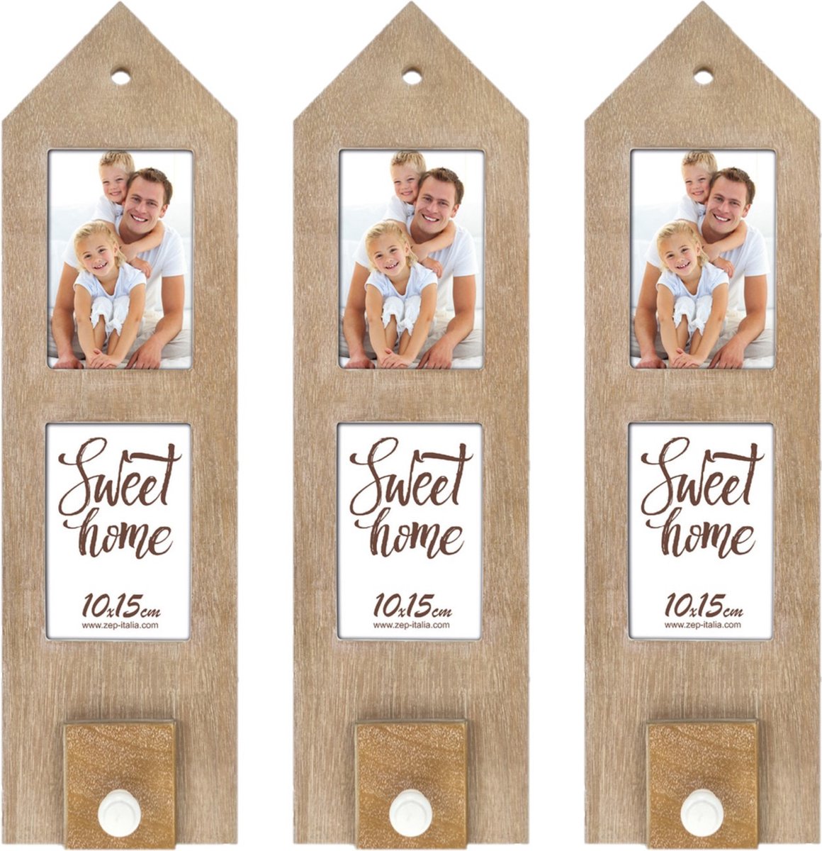 Zep 3x stuks houten fotolijstje met haakje 54 x 15 cm geschikt voor een foto van 10 x 15 cm Bruin