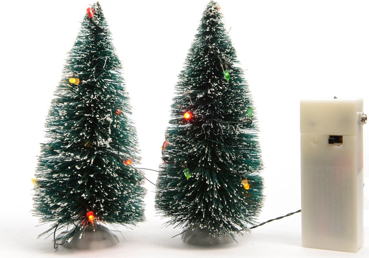 Kerstdorp onderdelen - 2x miniatuur kerstbomen - 15 cm - gekleurde LED verlichting - polyresin - Verlichte boompjes