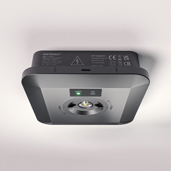 HOFTRONIC vierkante noodverlichting gemonteerd aan een systeemplafond. Met CE, UKCA, CB markeringen en productinformatie.