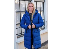 Lange dames winterjas - Gewatteerd en getailleerd - Kobaltblauw - Maat 38