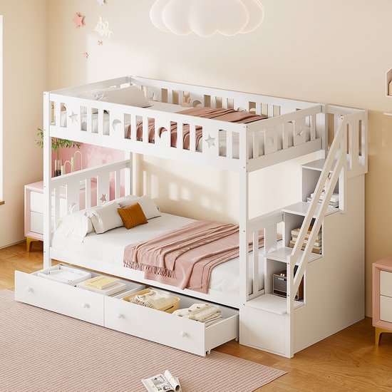 boorbin Stapelbed, kinderbed met ramen en gordijnen, met valbeschermingsrooster, open plank, stabiele leuning, twee laden met wieltjes, veel opbergruimte, 90 x 200 cm, wit roze (met gordijnen boorbin Stapelbed, kinderbed met ramen en gordijnen, met valbeschermingsrooster, open plank, stabiele leuning, twee laden met wieltjes, veel opbergruimte, 90 x 200 cm, wit roze (met gordijnen