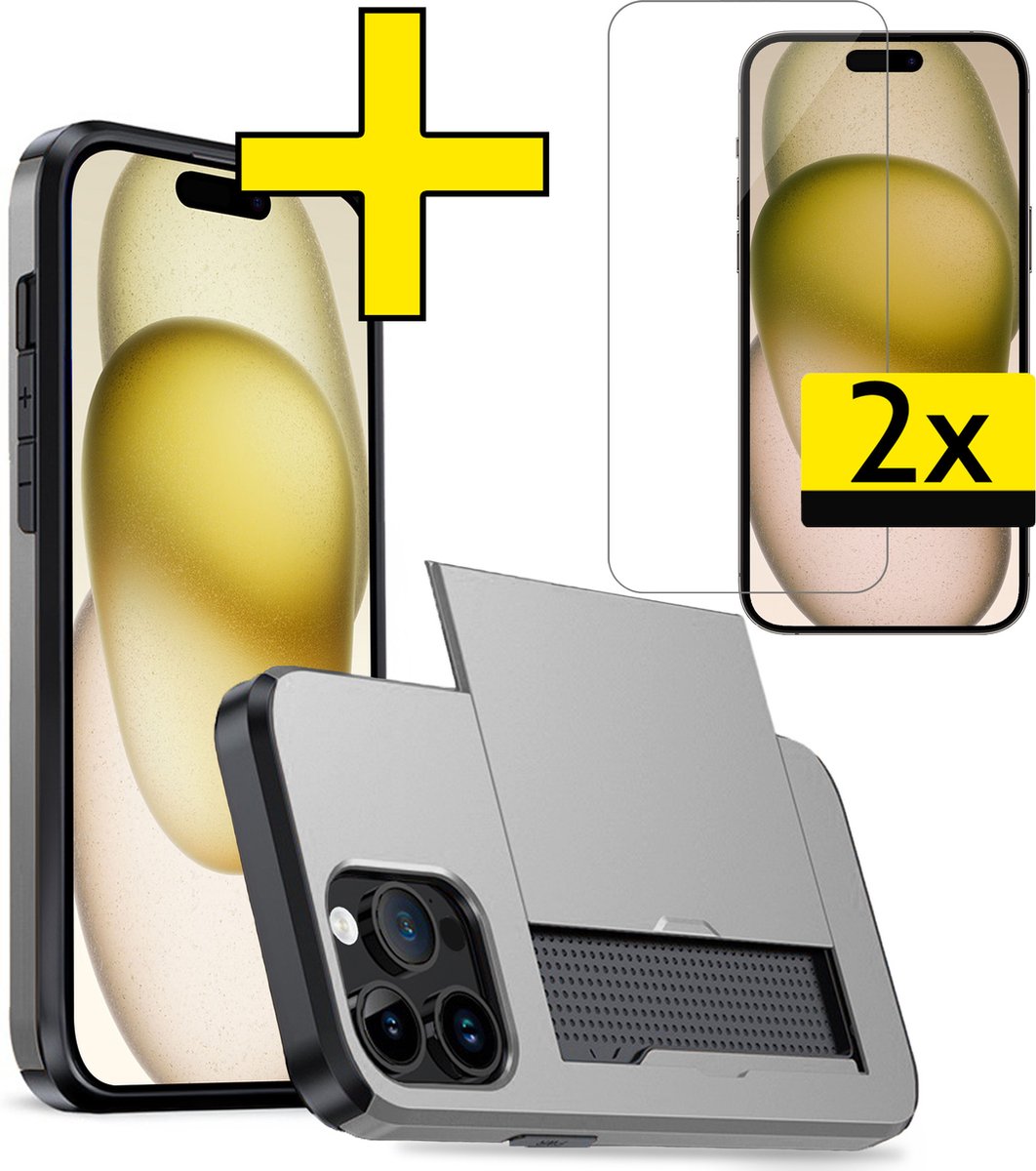 Hoesje Geschikt voor iPhone 15 Pro Max Hoesje Case Pashouder Hard Cover Met 2x Screenprotector - Hoes Geschikt voor iPhone 15 Pro Max Hoesje Met Kaarthouder - Grijs