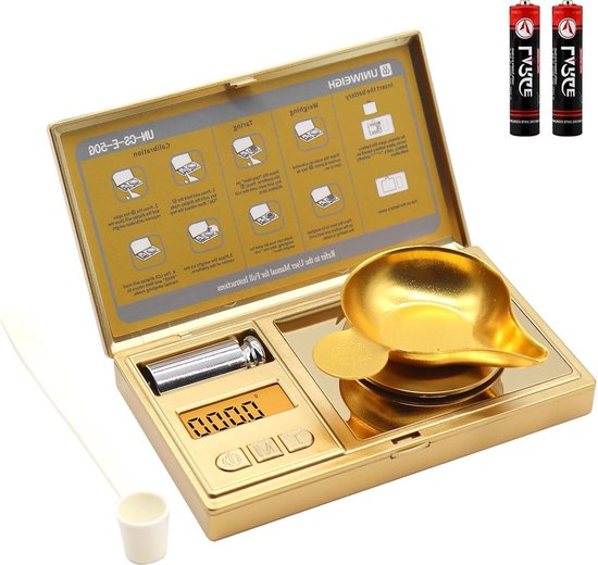 Muaket 50g/0,001g Precisieweegschaal, Milligramweegschaal, MG-weegschaal met Kalibratiegewichten Digitale Weegschaal voor Het Wegen van Poeders, Sieraden, Medicijnen, met Pincet en Weegschaal, Goud