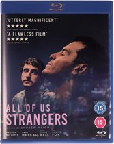 Voorkant Blu-ray hoesje van 'All of Us Strangers' met Andrew Scott en Paul Mescal, met citaten.
