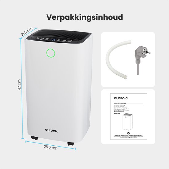 Afmetingen van een witte Auronic luchtontvochtiger met accessoires en handleiding.
