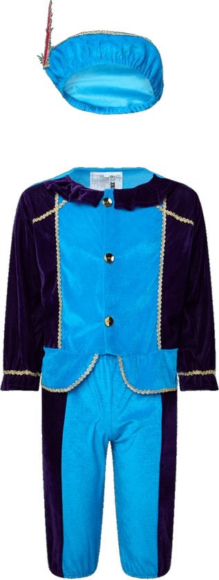 Blauw en paars fluwelen pietenpak met bijpassende baret met veer en gouden details.