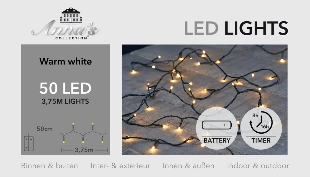 Anna's Collection Kerstverlichting - warm wit -375 cm - 50 leds - zwart snoer - batterij