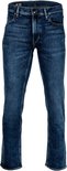 Recht model donkerblauwe jeans met lichte wassing. De broek is frontaal gefotografeerd.