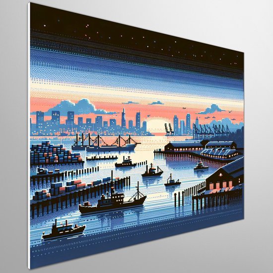 Pixel art haven schilderij | Haven Harbour: A Pixelated Masterpiece of Artistic Ingenuity and Beauty | Kunst - 100x100 centimeter op Forex | Foto op Forex