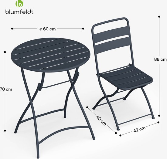 Blumfeldt Salon de Jardin Retrochic - Table + 2 Chaises 60 cm - Pliable - Anthracite
