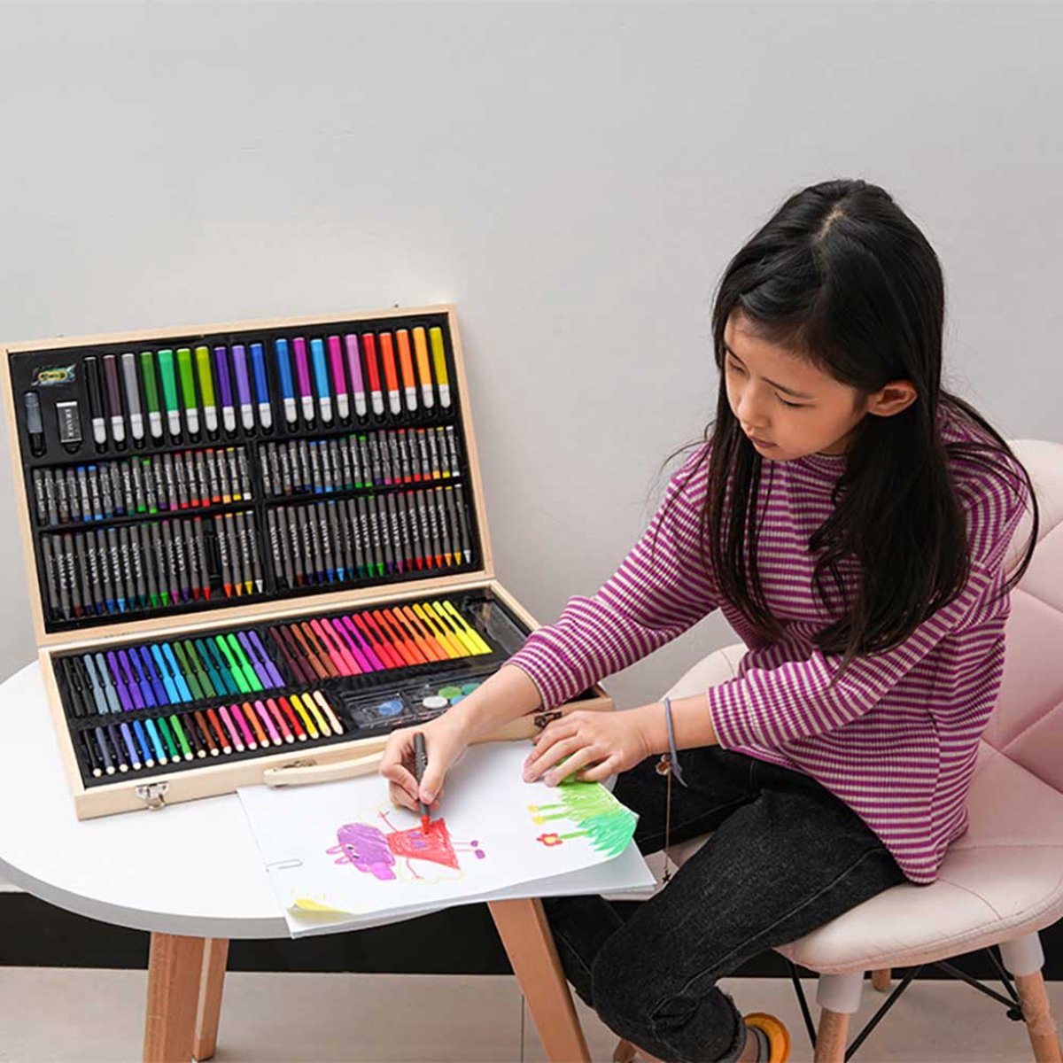 Buxibo Luxe 180-Delige Teken- en Verf Set - Tekendoos met Kleurpotloden, Waskrijt en Acrylverf - Tekenset Compleet voor Kinderen en Volwassenen — afbeelding 3