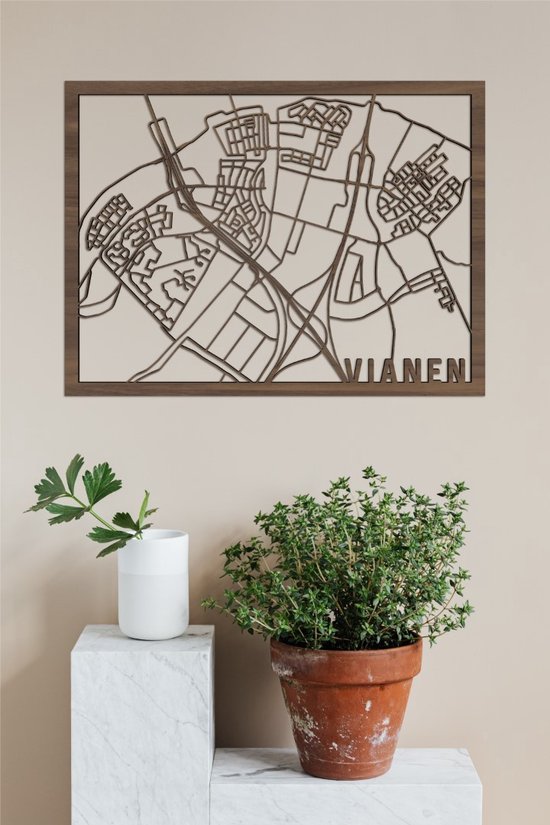 Houten Stadskaart Vianen Notenhout 50x70cm Wanddecoratie Voor Aan De Muur City Shapes