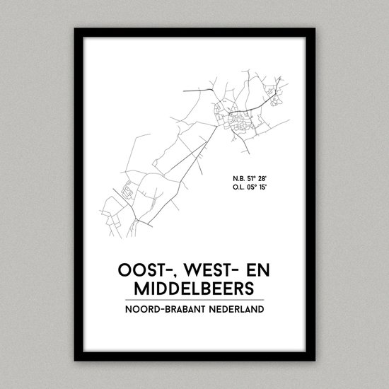 Oost-, West- en Middelbeers city poster, A4 zonder lijst,  plattegrond poster, woonplaatsposter, woonposter