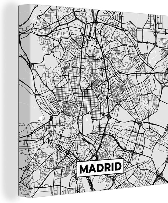 Canvas Schilderij Madrid - Zwart Wit - Stadskaart - Plattegrond - Kaart - 50x50 cm - Wanddecoratie