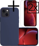 Hoes Geschikt voor iPhone 13 Mini Hoesje Cover Siliconen Back Case Hoes Met 2x Screenprotector - Donkerblauw