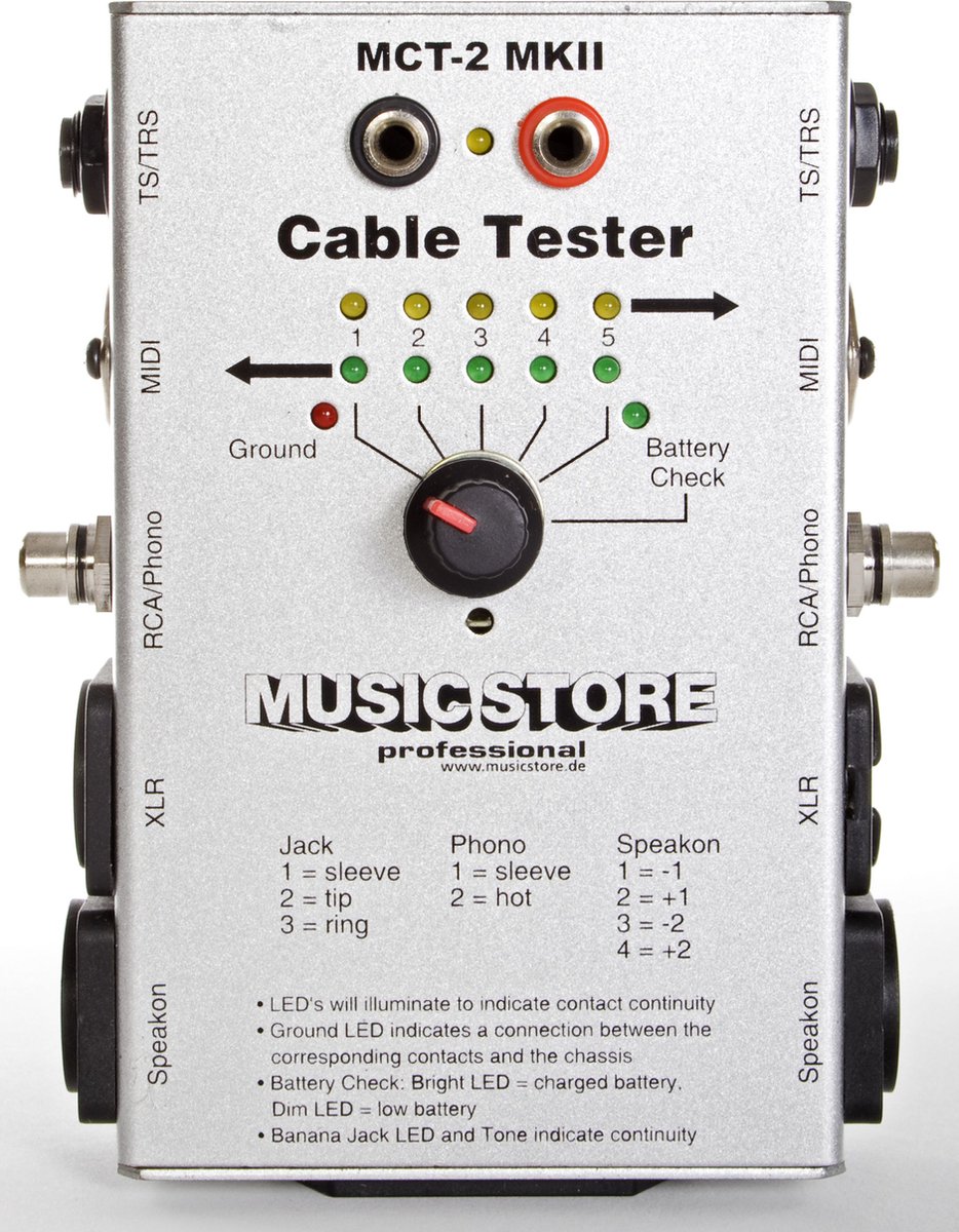 MUSIC STORE MCT-2 MKII kabeltester incl.9V batterij - Kabeltesters