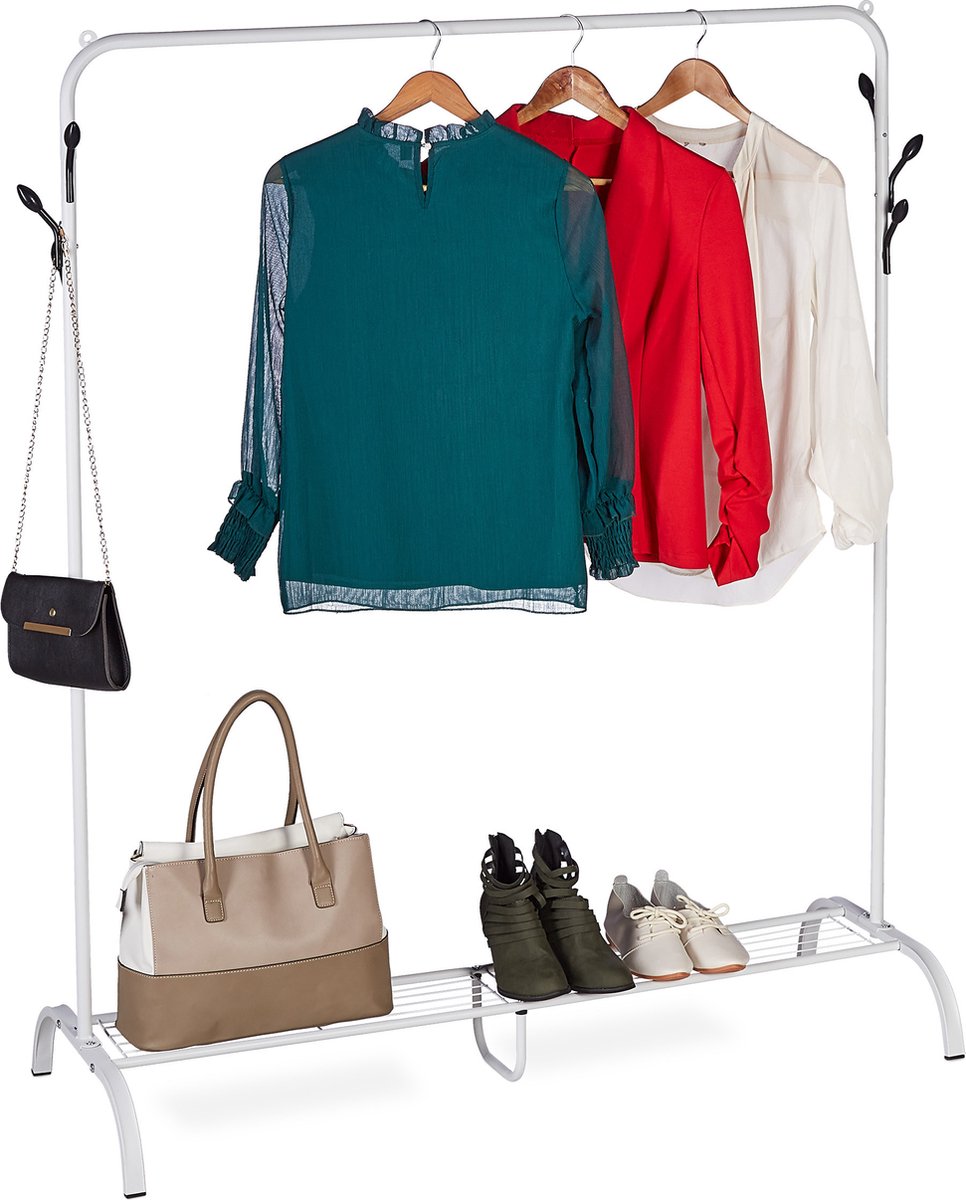 Relaxdays kledingrek metaal - garderoberek staand - hangrek kleding - kledingstandaard - wit