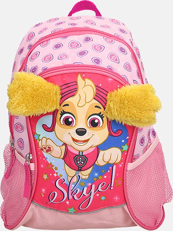 Sac à dos rose avec Skye, "Skye !" en lettres scintillantes et oreilles jaunes.