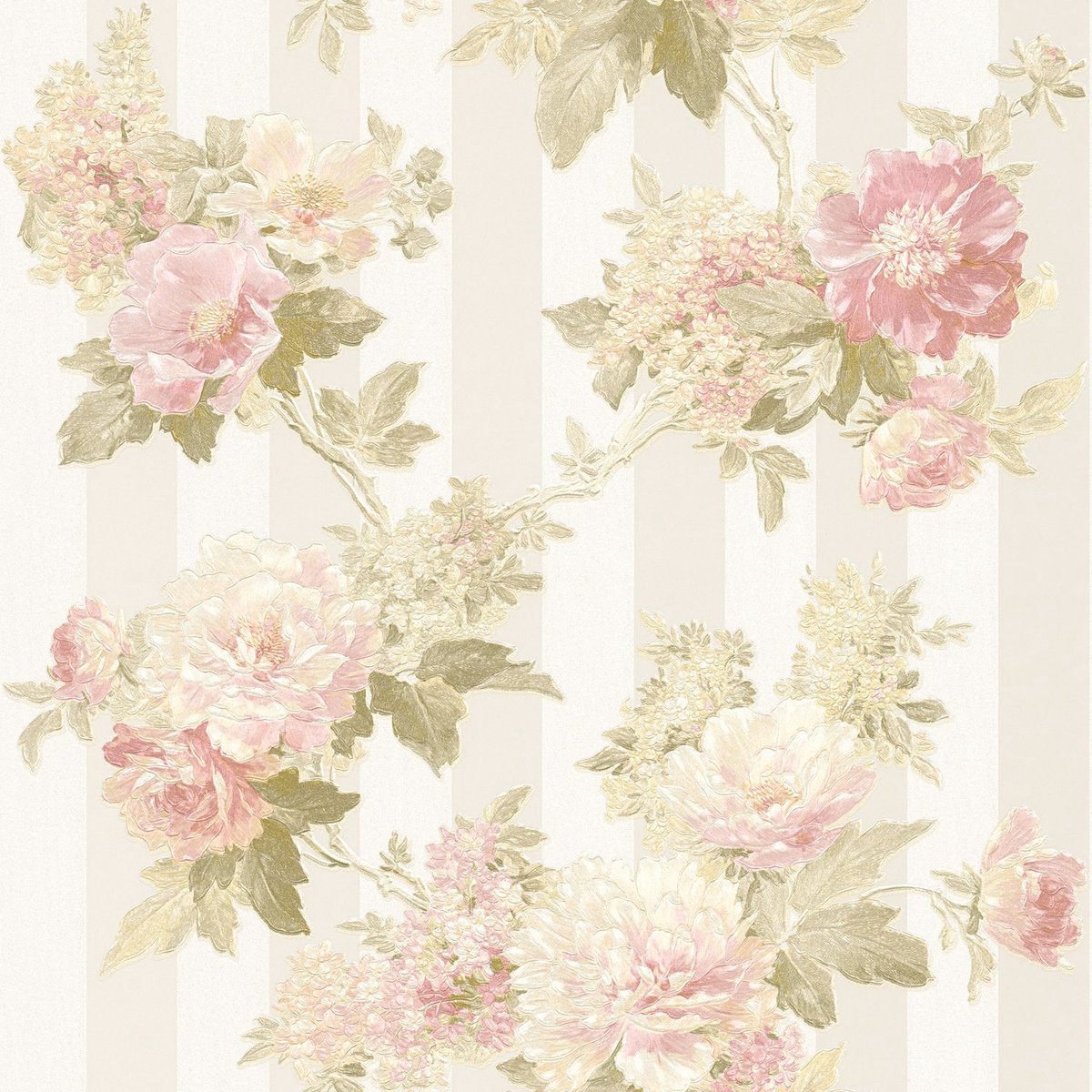 Bloemen behang Profhome 304461-GU vliesbehang gestructureerd met bloemen patroon mat crème roze groen 5,33 m2