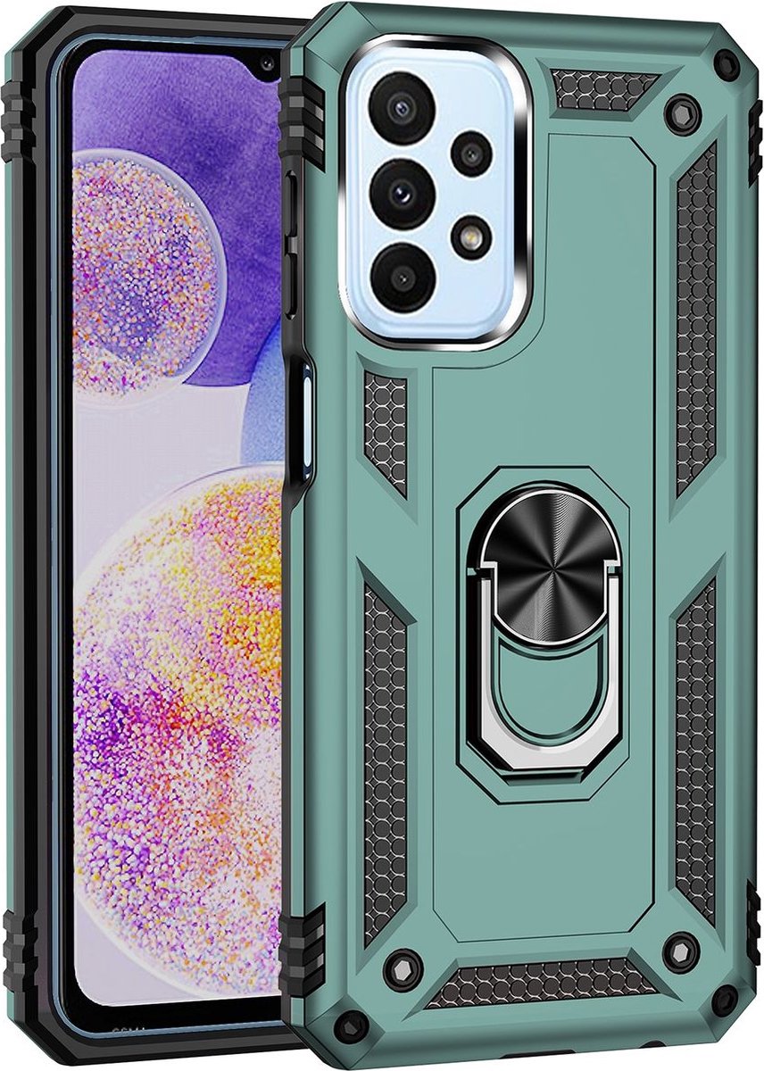 Mobigear Hoesje geschikt voor Samsung Galaxy A23 Telefoonhoesje Hardcase | Mobigear Armor Ring Backcover Shockproof met Ringhouder | Schokbestendig Galaxy A23 Telefoonhoesje | Anti Shock Proof - Groen