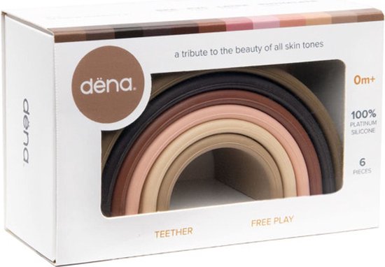 Dëna regenboog stapelset in 6 huidtinten, 100% platina siliconen.