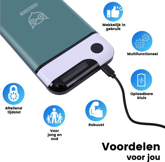 Groene telefoonkluis met icoontjes van voordelen zoals aftellend tijdsblok, jong en oud, robuust, multifunctioneel, oplaadbare kluis en energiespaarsysteem.