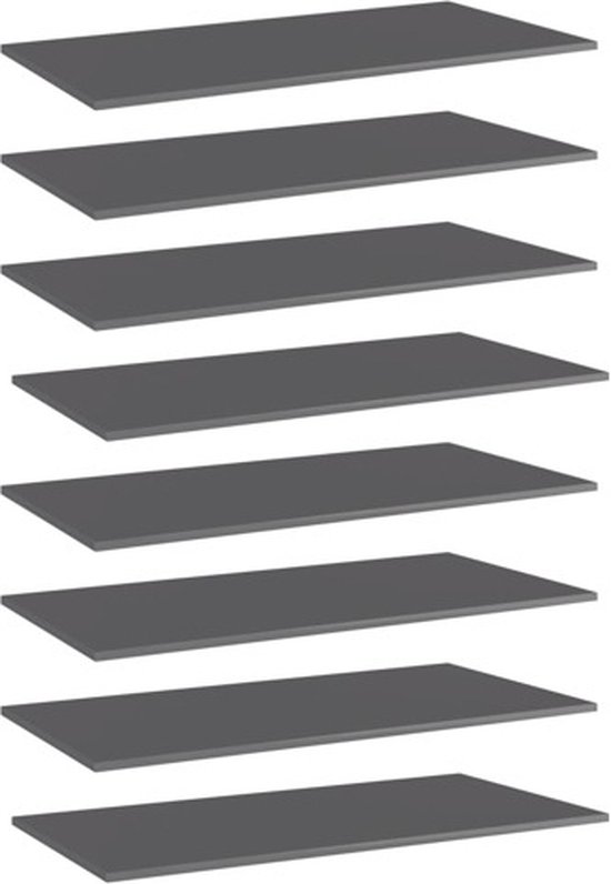 Ensemble de huit étagères murales grises en aggloméré, 80 x 30 x 1,5 cm, finition haute brillance.