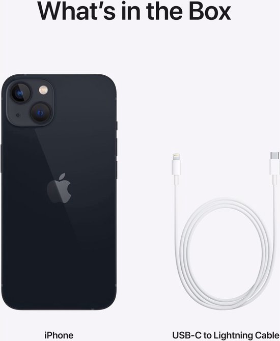 Doosinhoud: een donkerblauwe iPhone en een witte USB-C naar Lightning kabel.