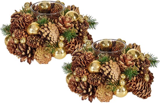 Set van 2x stuks kerst thema kaarsenhouders ornament bruin met goud nature 18 cm - kaarsjes branden tafel decoratie