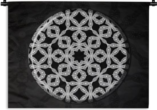 Wandkleed - Wanddoek - Zwart wit mandala van macramé - zwart wit - 90x67.5 cm - Wandtapijt
