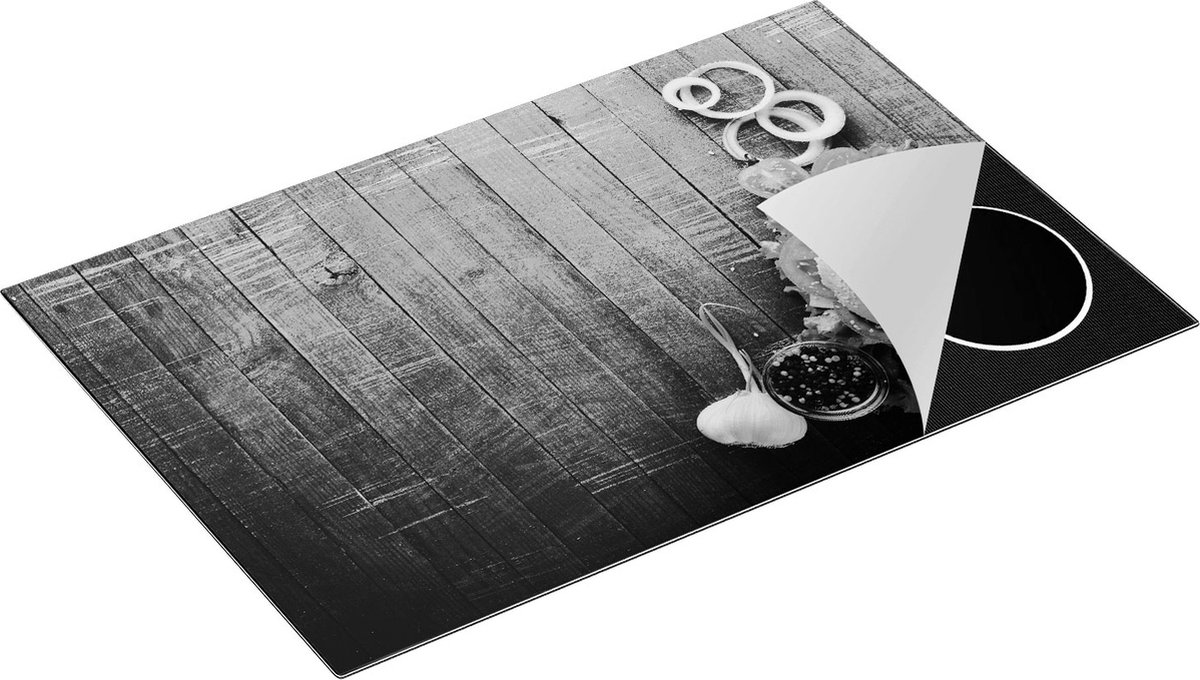 Chefcare Inductie Beschermer Hamburger op Bruine Houten Planken - Zwart Wit - 81,6x52,7 cm - Afdekplaat Inductie - Kookplaat Beschermer - Inductie Mat