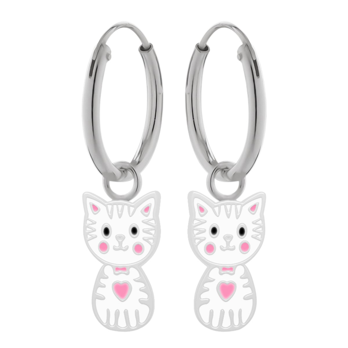 Oorbellen meisje | Zilveren kinderoorbellen | Zilveren oorringen met hanger, wit katje met roze hartje