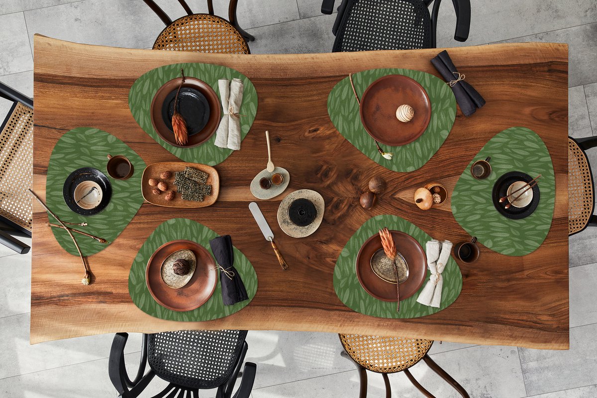 Placemat organisch - Placemats organic - Onderleggers - Patroon - Bladeren - Groen - 6 stuks