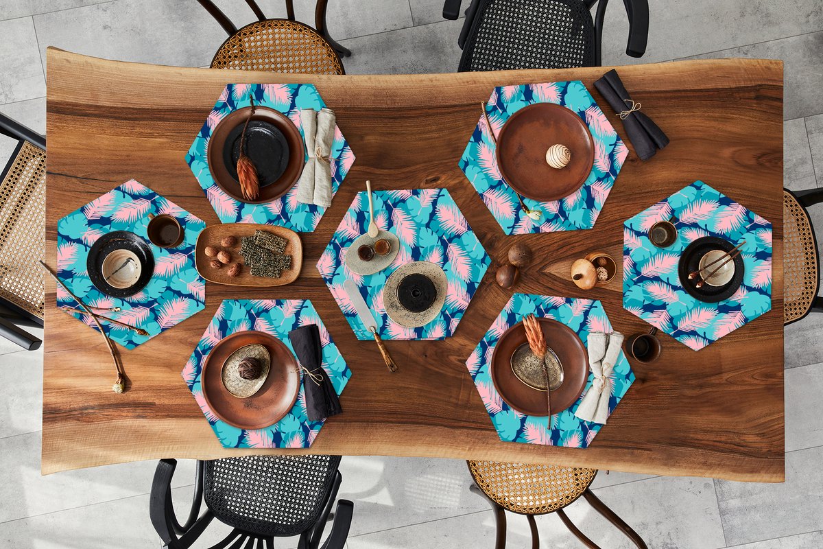 Placemats hexagon - Onderleggers placemats - Placemat zeshoek - Patroon - Jungle - Blad - 8 stuks